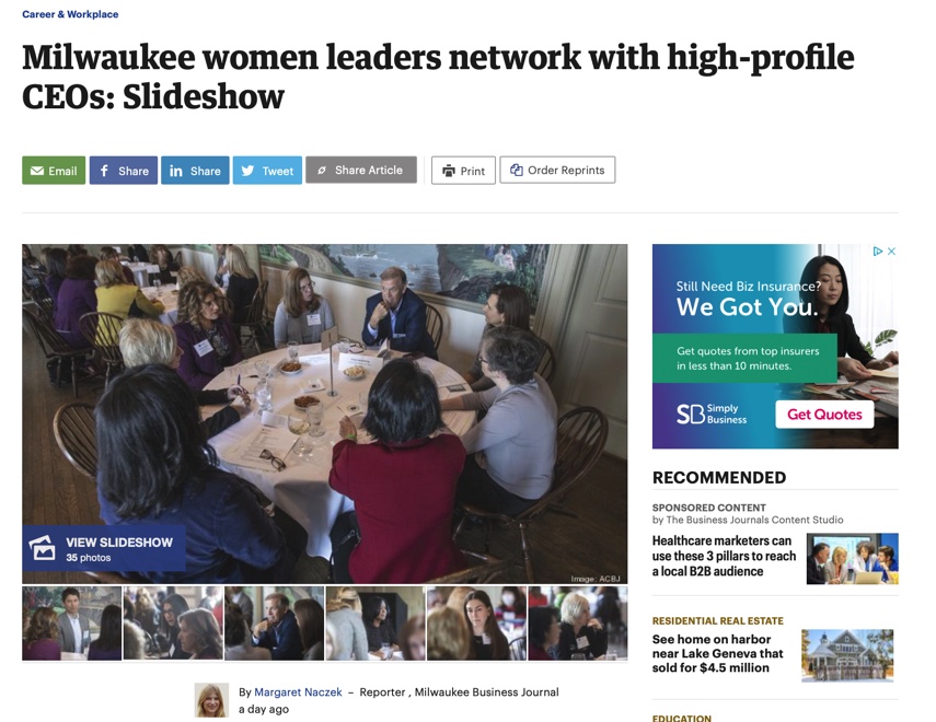 Milwaukee women leaders network with high-profile CEOs: included are Lisa Attonito, WF Executive Director, Marilka Vélez, WF Board Chair and Sandy Cunningham, Chair, HER Scholarship Committee